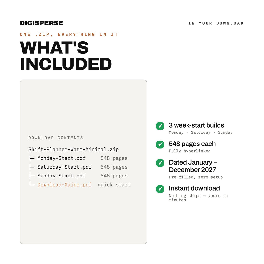 Dated Warm Minimal Shift Planner 2027 | Rotation, Pay, Sleep Trackers (Digital PDF)