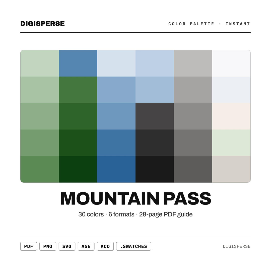Mountain Pass Color Palette | 30 Colors | Hex RGB CMYK | Color Guide | Procreate Swatches + ASE | Digital Download