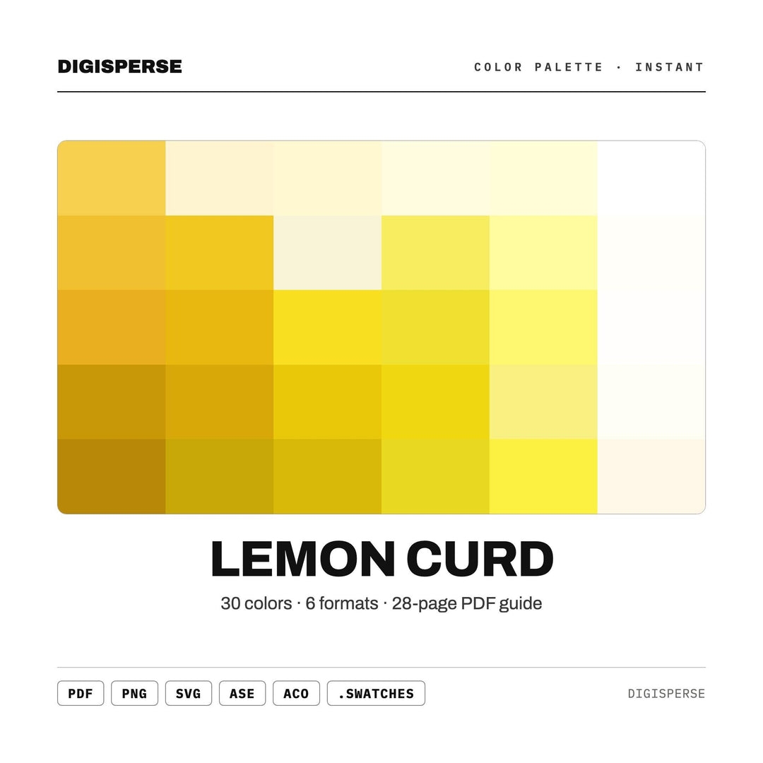 Lemon Curd Color Palette | 30 Colors | Hex RGB CMYK | Color Guide | Procreate Swatches + ASE | Digital Download