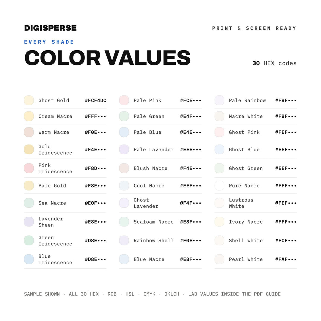 Mother Of Pearl Color Palette | 30 Hex RGB CMYK Colors (Digital Download)
