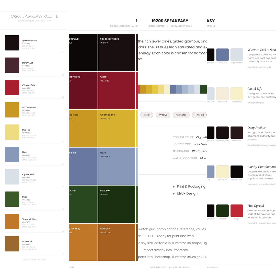 1920s Speakeasy Color Palette | 30 Procreate Swatches, HEX RGB CMYK (Digital Download)