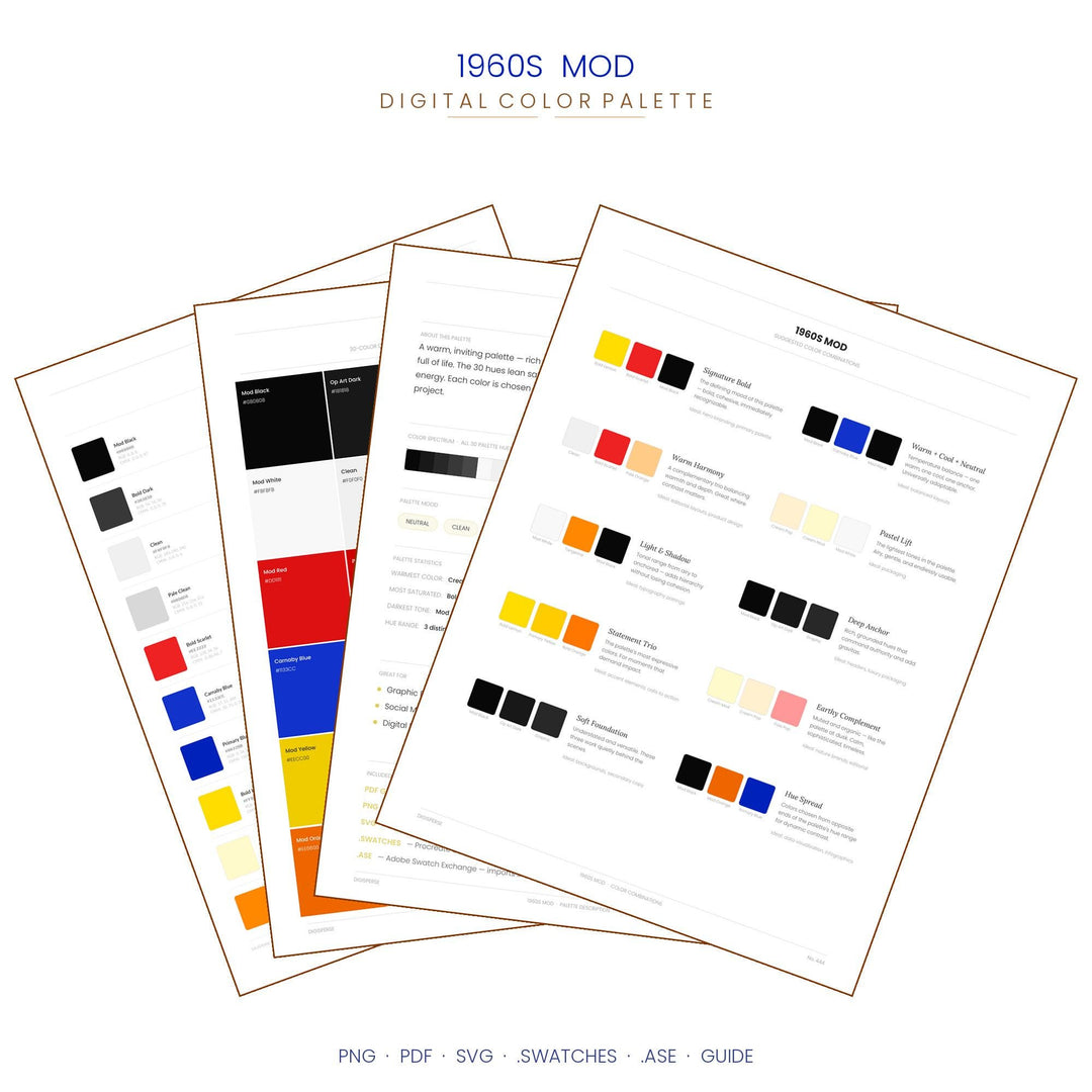 1960s Mod Color Palette | 30 Colors | Hex RGB CMYK | Color Guide | Procreate Swatches + ASE | Digital Download