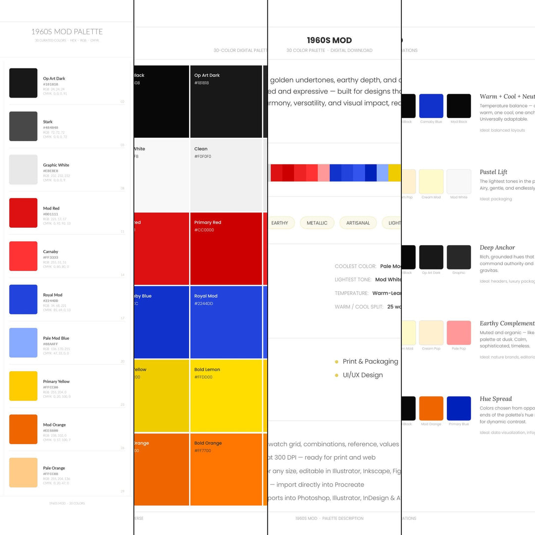 1960s Mod Color Palette | 30 Colors | Hex RGB CMYK | Color Guide | Procreate Swatches + ASE | Digital Download
