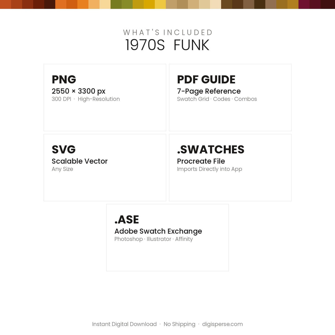 1970s Funk Color Palette | 30 Colors | Hex RGB CMYK | Color Guide | Procreate Swatches + ASE | Digital Download