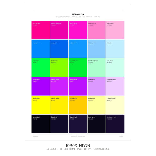 1980s Neon Color Palette | 30 Hex RGB CMYK Swatches (Digital Download)