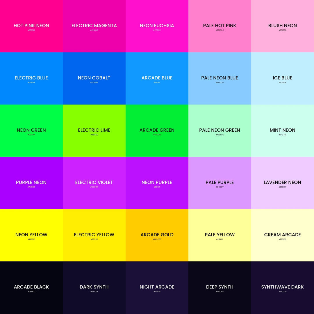 1980s Neon Color Palette | 30 Hex RGB CMYK Swatches (Digital Download)