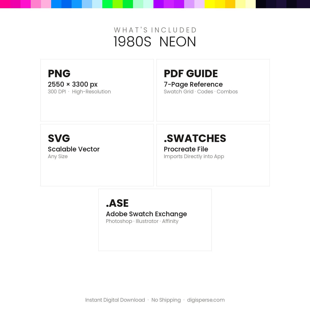 1980s Neon Color Palette | 30 Hex RGB CMYK Swatches (Digital Download)