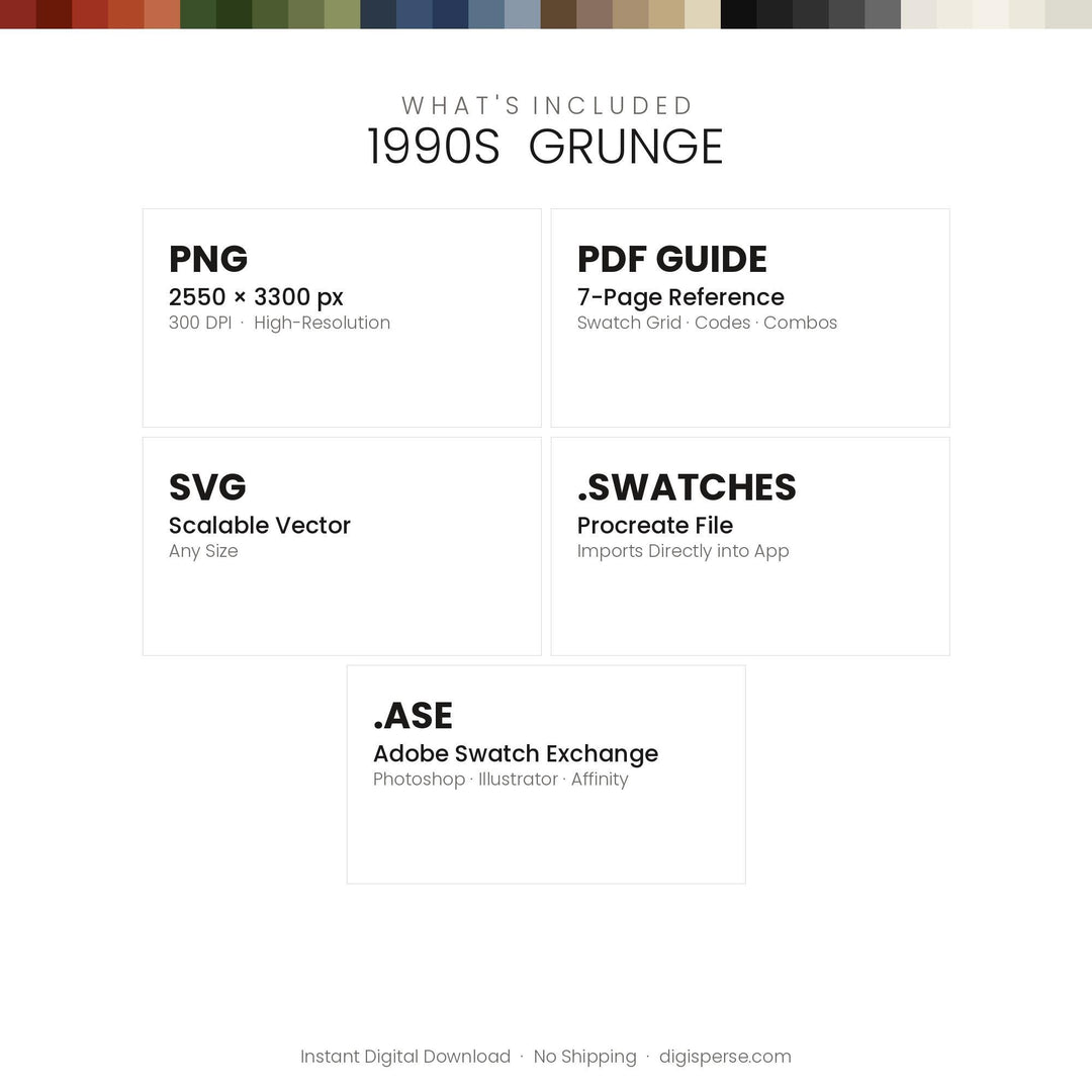1990s Grunge Color Palette | 30 Colors | Hex RGB CMYK | Color Guide | Procreate Swatches + ASE | Digital Download