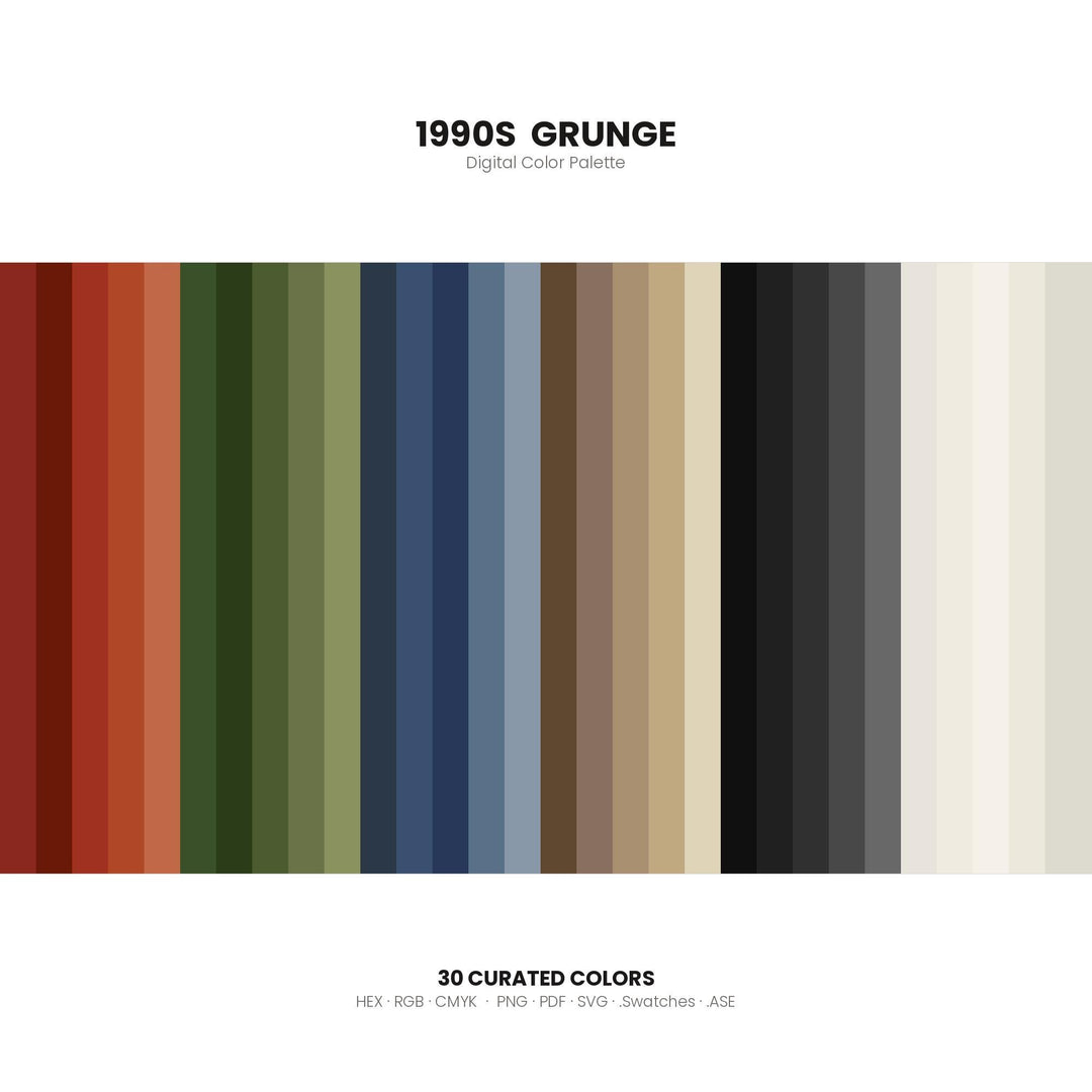 1990s Grunge Color Palette | 30 Colors | Hex RGB CMYK | Color Guide | Procreate Swatches + ASE | Digital Download
