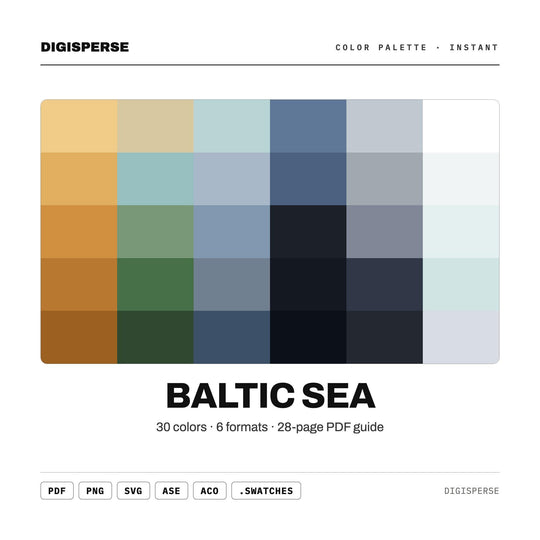 Cold Coastal Color Palette for Nordic Travel Art and Moody Sea Branding, 30 Baltic Grey Blue Hues, Procreate Swatches, Hex Codes