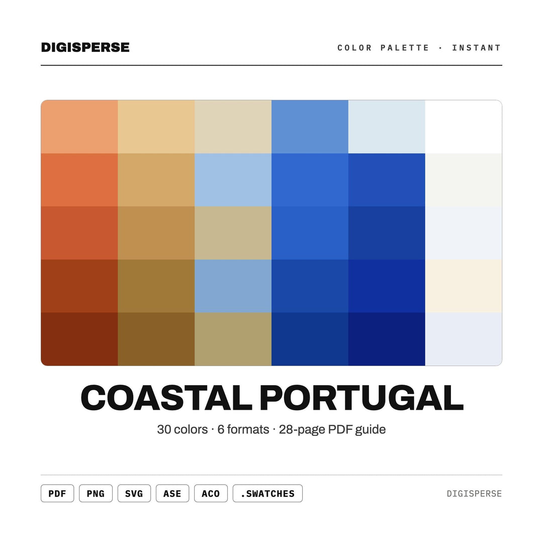 Coastal Portugal Color Palette | 30 Colors | Hex RGB CMYK | Color Guide | Procreate Swatches + ASE | Digital Download