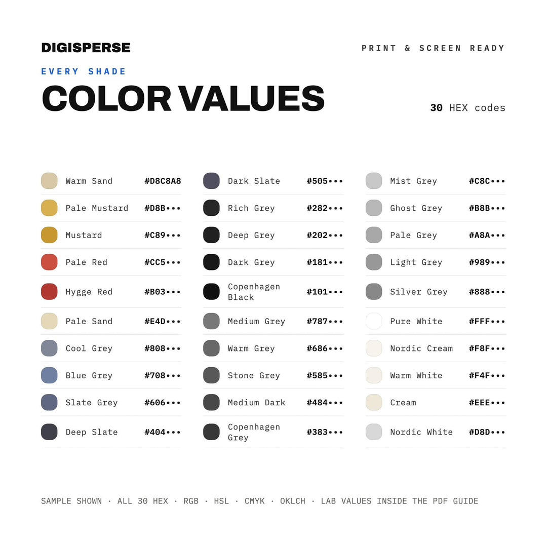Copenhagen Grey Color Palette | 30 Colors | Hex RGB CMYK | Color Guide | Procreate Swatches + ASE | Digital Download