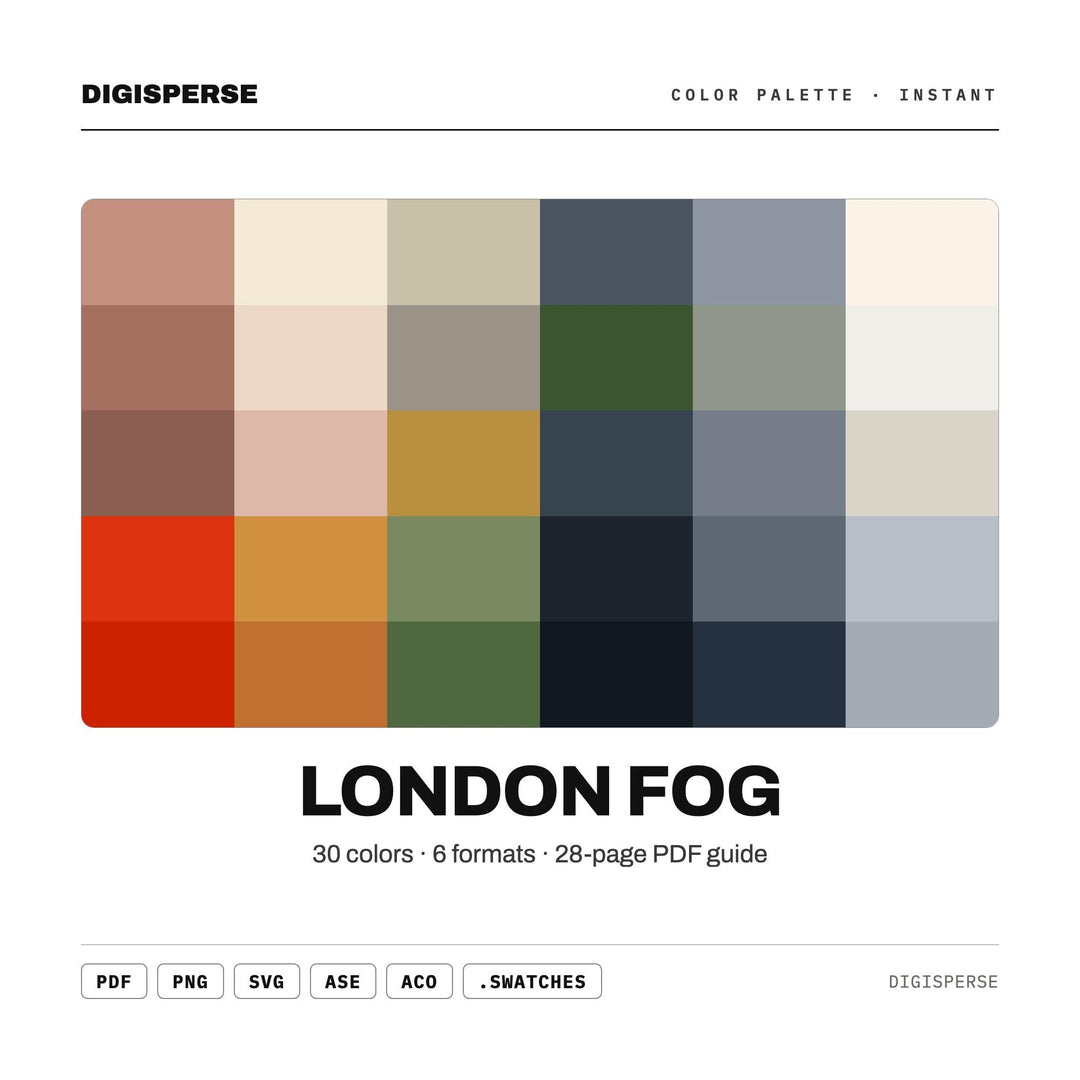 London Fog Color Palette | 30 Colors | Hex RGB CMYK | Color Guide | Procreate Swatches + ASE | Digital Download