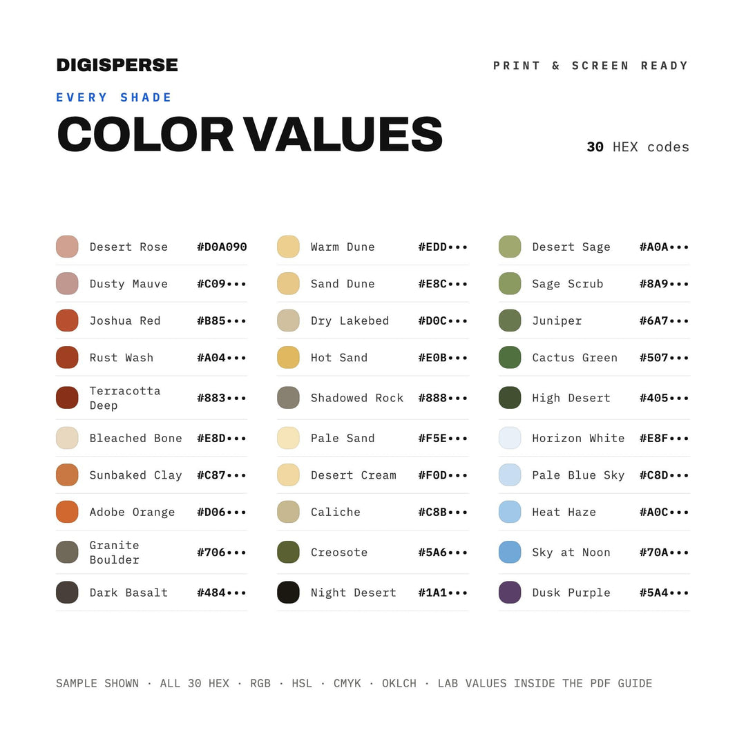 Mojave Desert Color Palette | 30 Colors | Hex RGB CMYK | Color Guide | Procreate Swatches + ASE | Digital Download