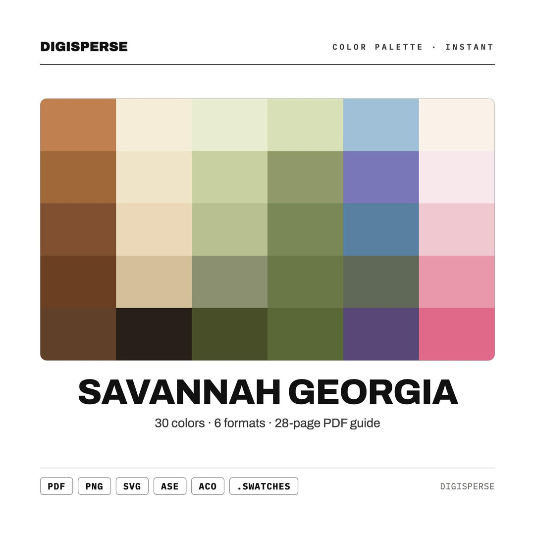 Savannah Georgia Color Palette | 30 Procreate Swatches, HEX, RGB, CMYK (Digital Download)