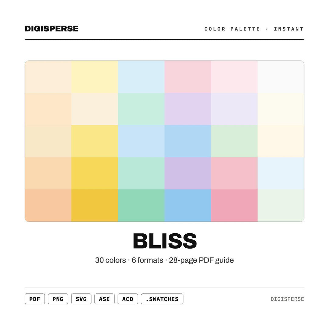 Bliss Color Palette | 30 Procreate Swatches, HEX, RGB, CMYK (Digital Download)