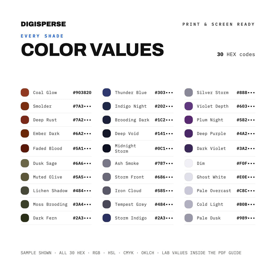 Dark Moody Color Palette for Atmospheric Portrait Art and Dramatic Branding, 30 Brooding Shadow Hues, Procreate Swatches, Hex Codes