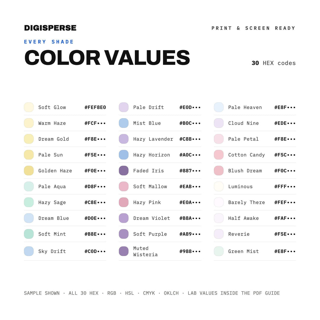 Soft Pastel Color Palette for Dreamy Art and Whimsical Branding, 30 Daydream Cloud Hues, Procreate Swatches, Hex Codes