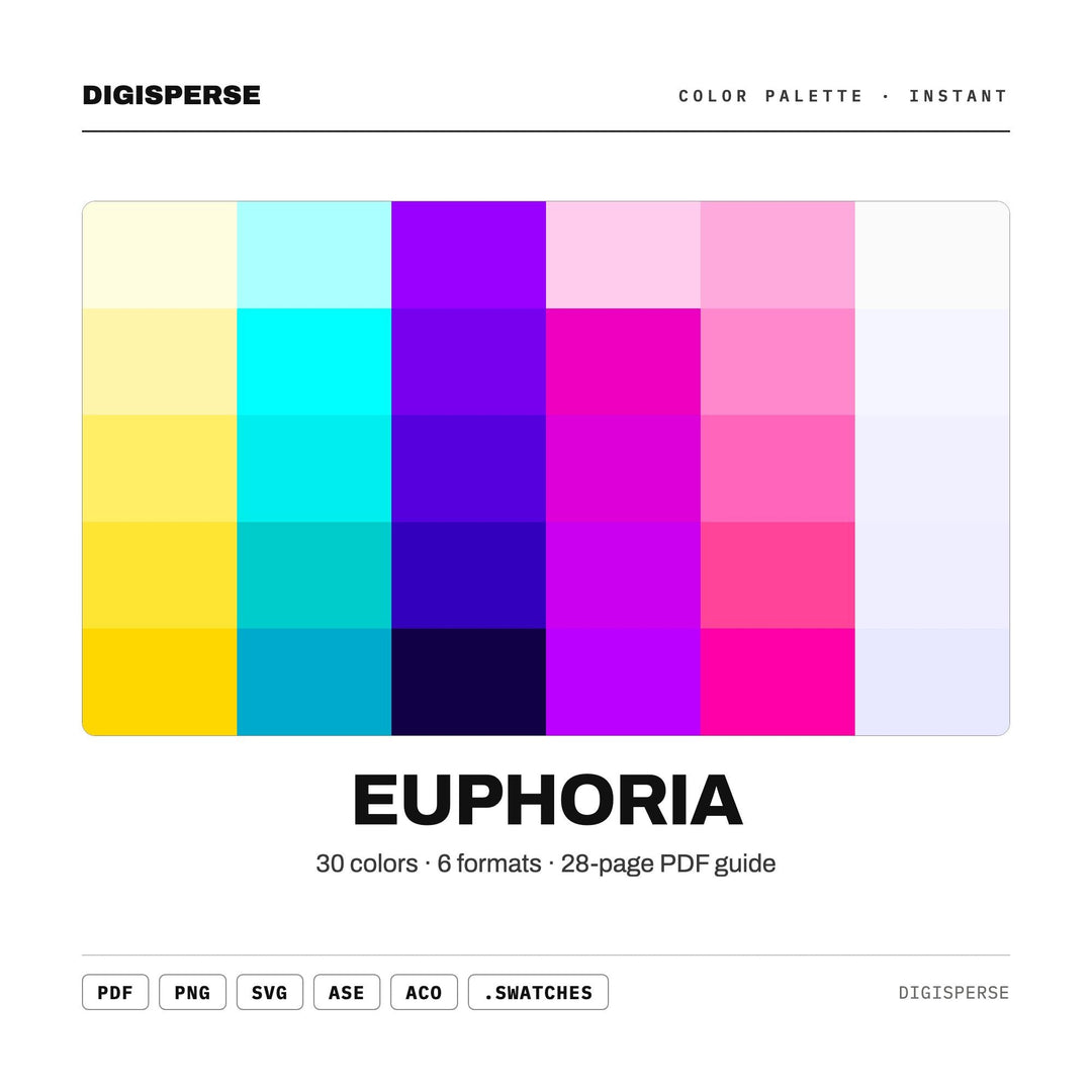 Vibrant Ecstatic Color Palette for Joyful Rave Art and Uplifting Branding, 30 Euphoric Bliss Hues, Procreate Swatches, Hex Codes