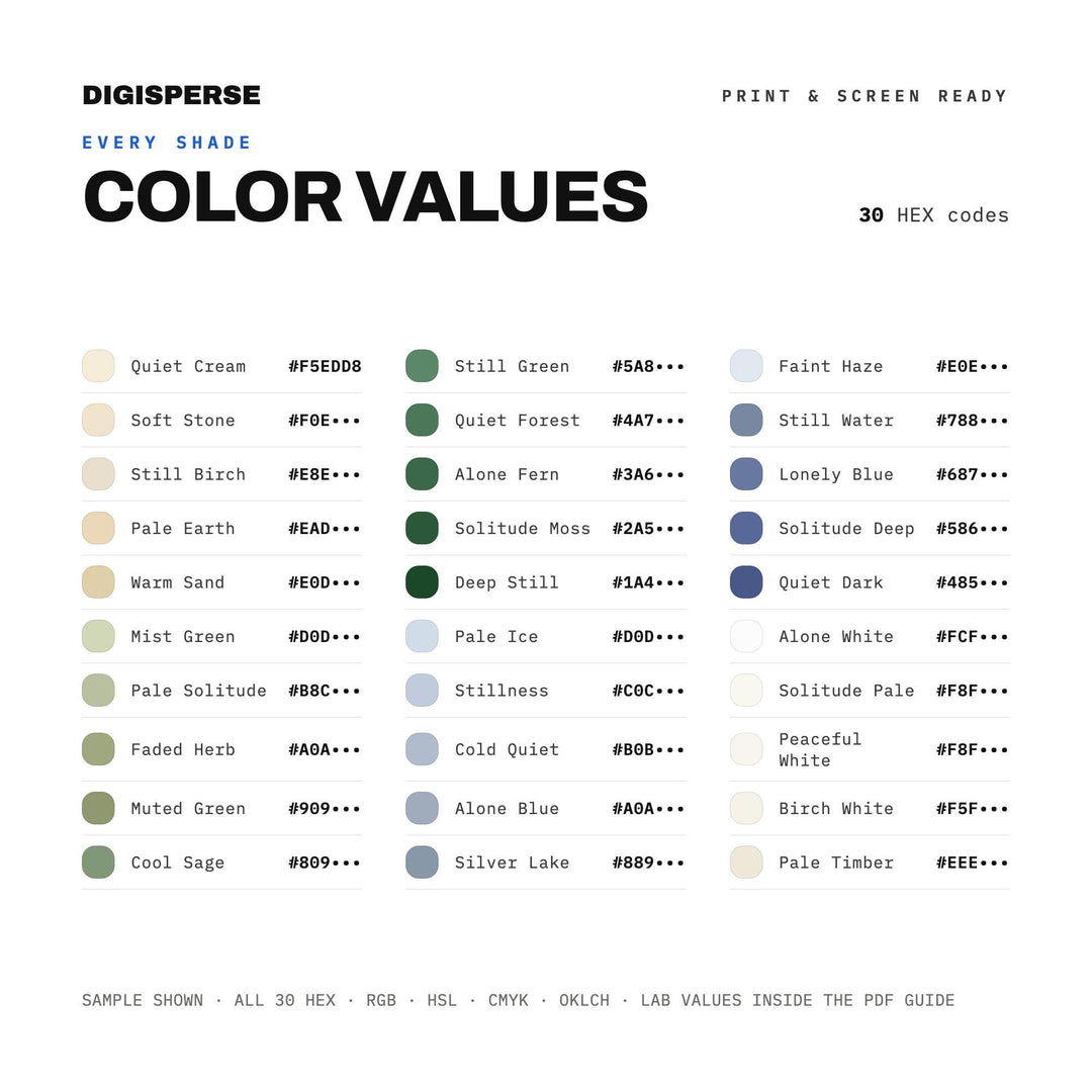 Peaceful Solitude Color Palette | 30 Hex RGB CMYK Swatches (Digital Download)