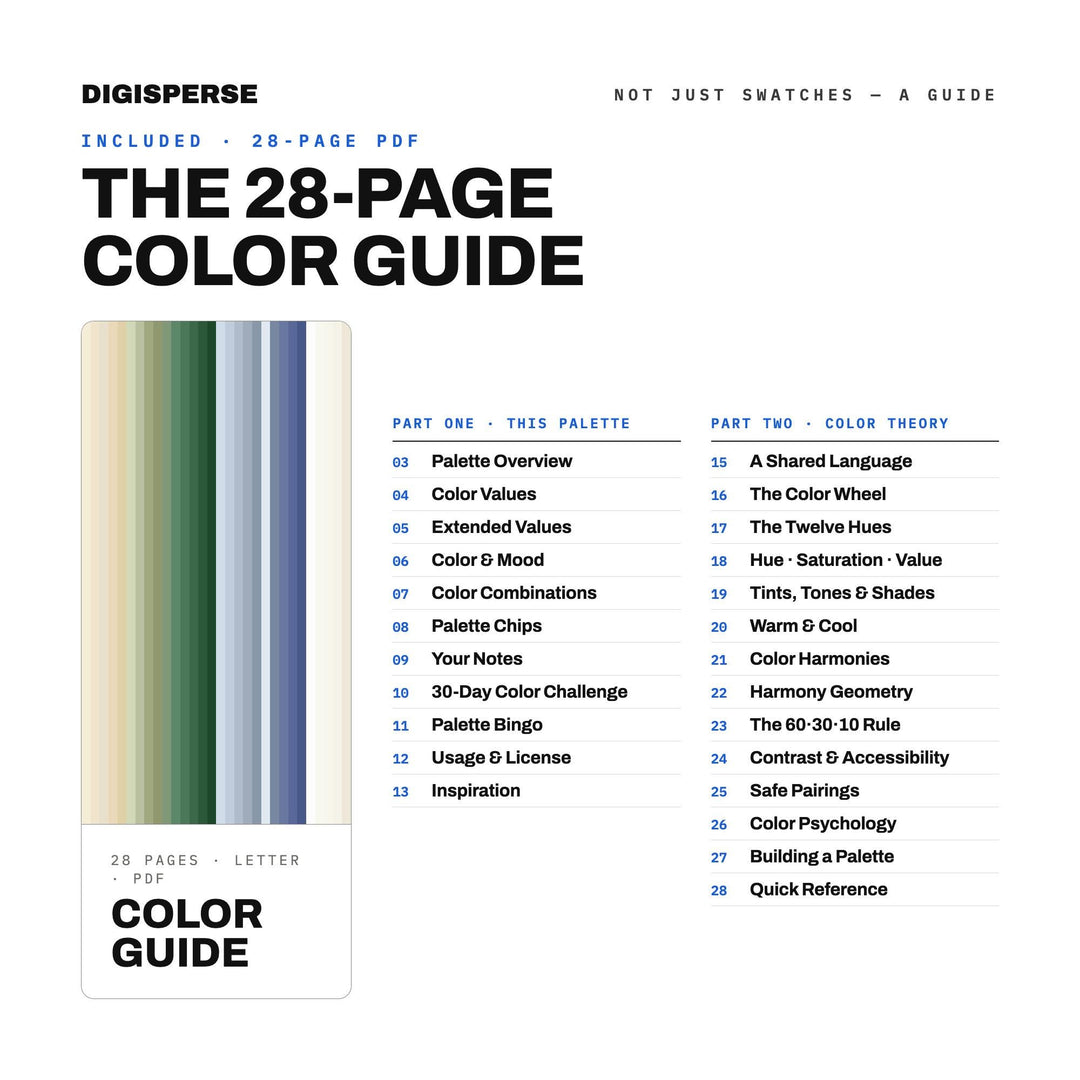 Peaceful Solitude Color Palette | 30 Hex RGB CMYK Swatches (Digital Download)