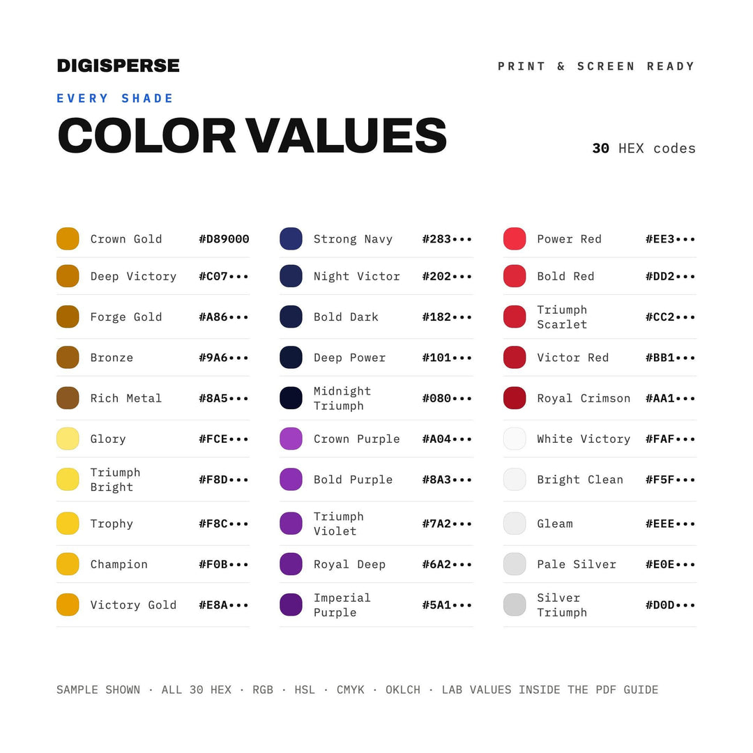 Bold Victory Color Palette for Uplifting Sports Art and Motivational Branding, 30 Triumphant Gold Hues, Procreate Swatches, Hex Codes