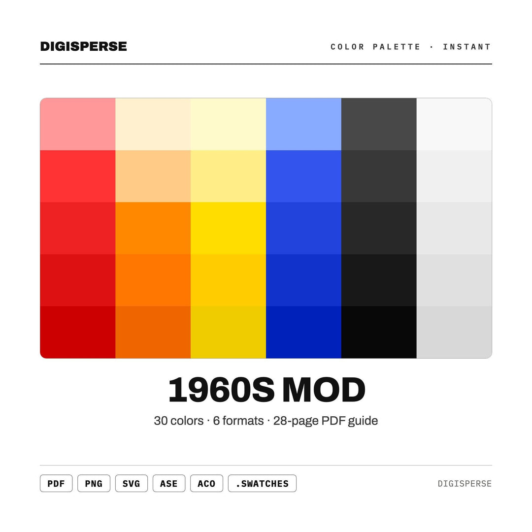 1960s Mod Color Palette | 30 Swatches, Hex, RGB, CMYK (Digital Download)