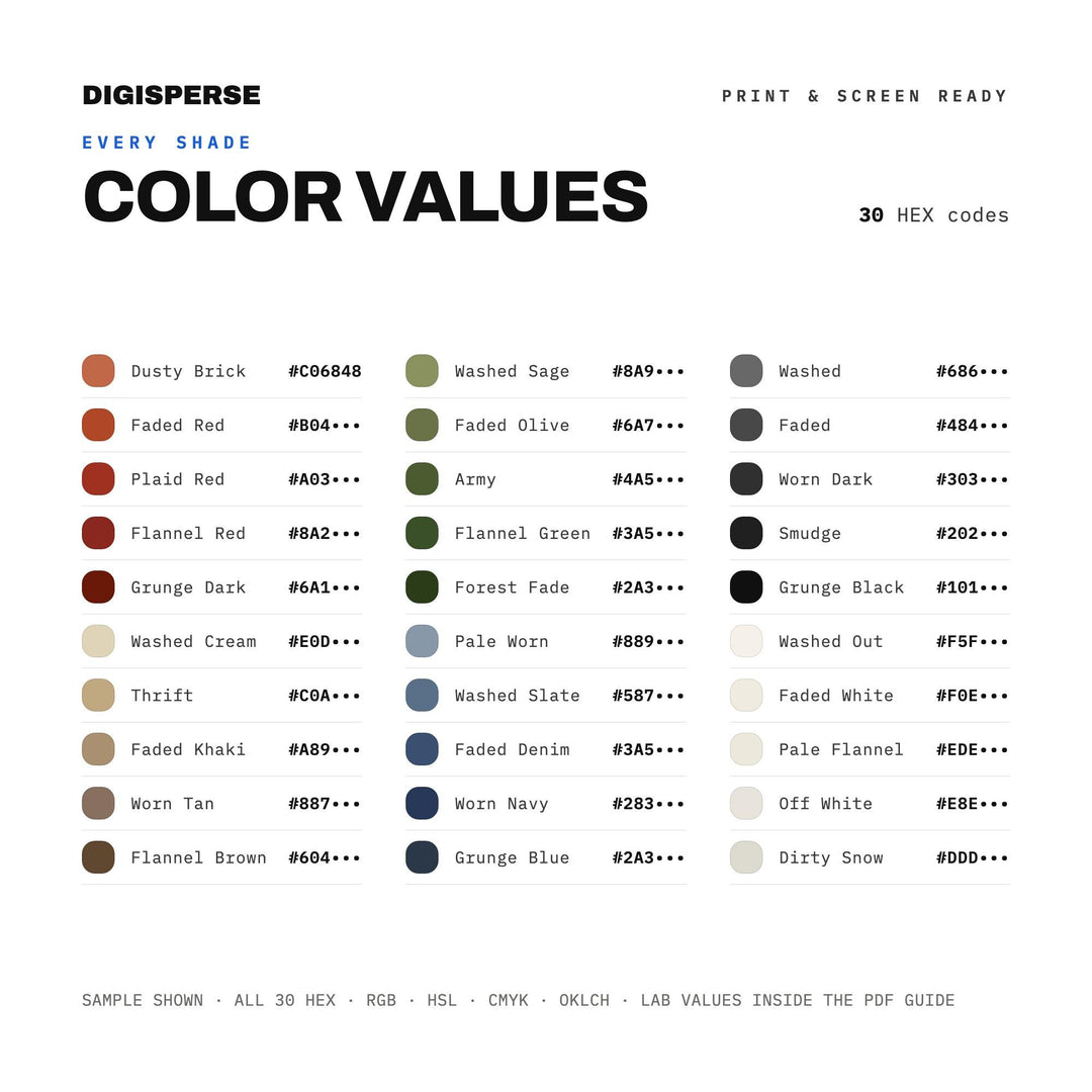 1990s Grunge Color Palette | 30 Procreate Swatches, ASE Guide (Digital Download)