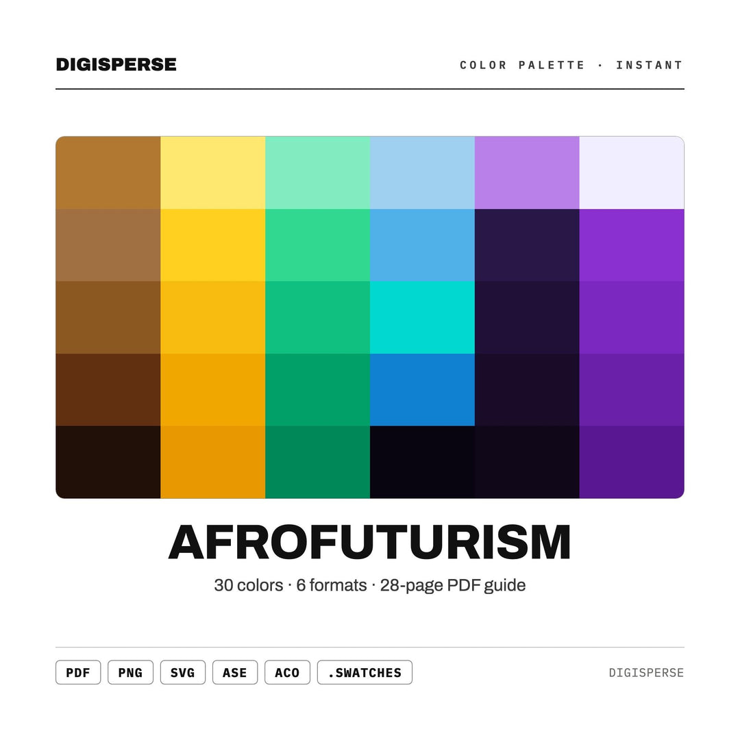 Vibrant Afrofuturism Color Palette for Sci Fi Art and Bold Cultural Branding, 30 Cosmic Heritage Hues, Procreate Swatches, Hex Codes