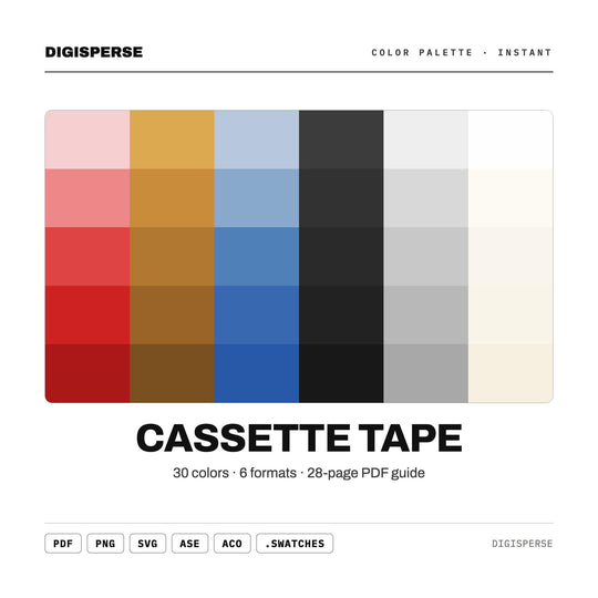 Retro 80s Color Palette for Nostalgic Poster Design and Vintage Branding, 30 Cassette Tape Hues with Hex Codes, Procreate Swatches