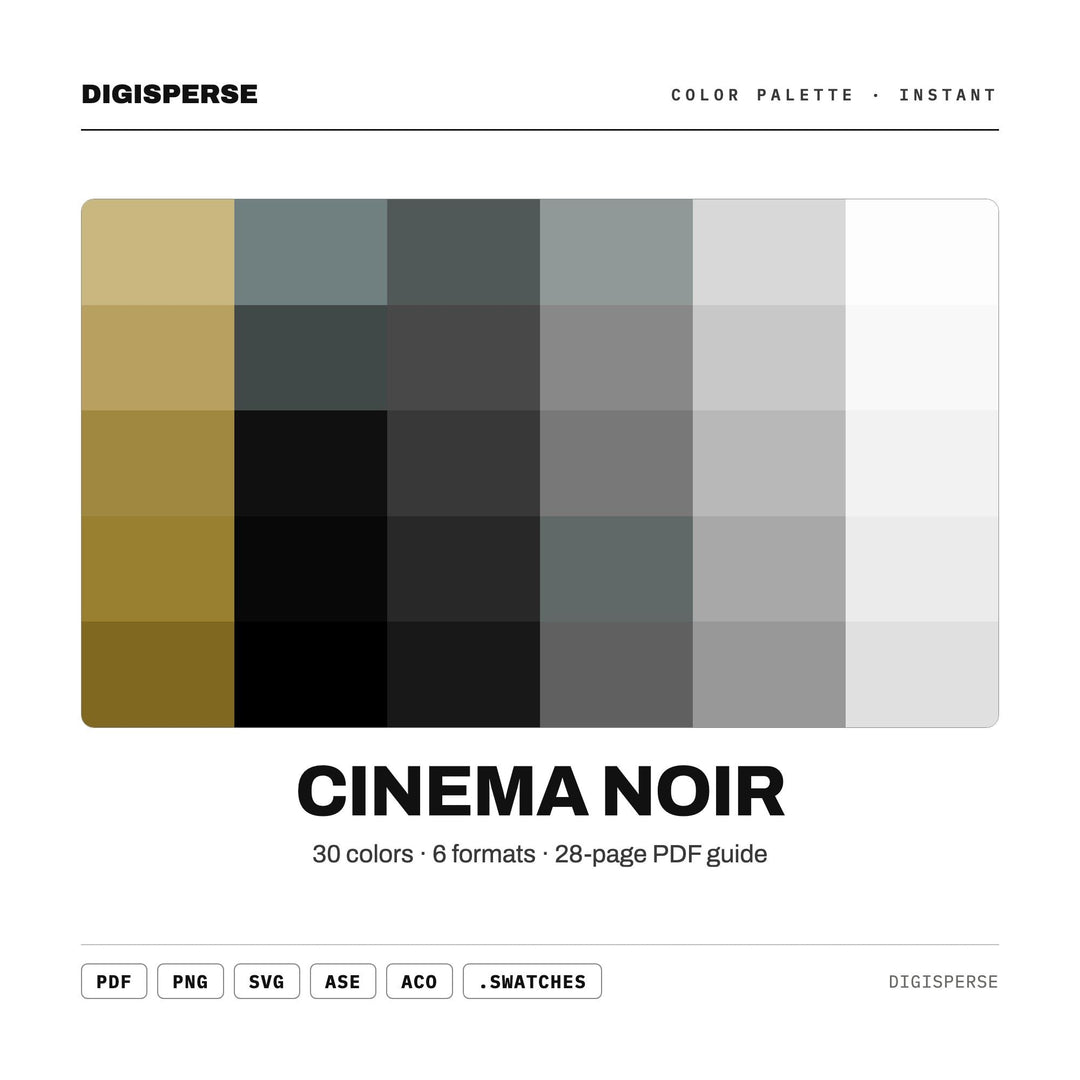 Cinema Noir Color Palette | 30 Colors | Hex RGB CMYK | Color Guide | Procreate Swatches + ASE | Digital Download