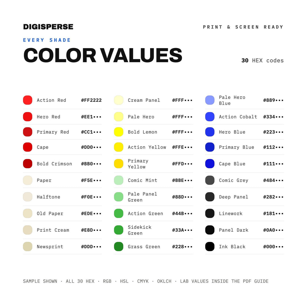 Bold Pop Art Color Palette for Retro Comic Design and Superhero Branding, 30 Comic Book Primary Hues, Procreate Swatches, Hex Codes