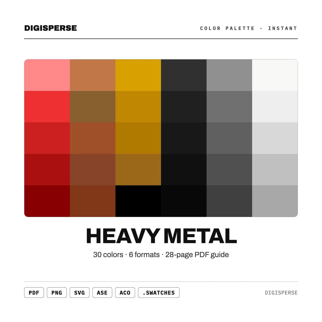 Heavy Metal Color Palette | 30 Colors | Hex RGB CMYK | Color Guide | Procreate Swatches + ASE | Digital Download
