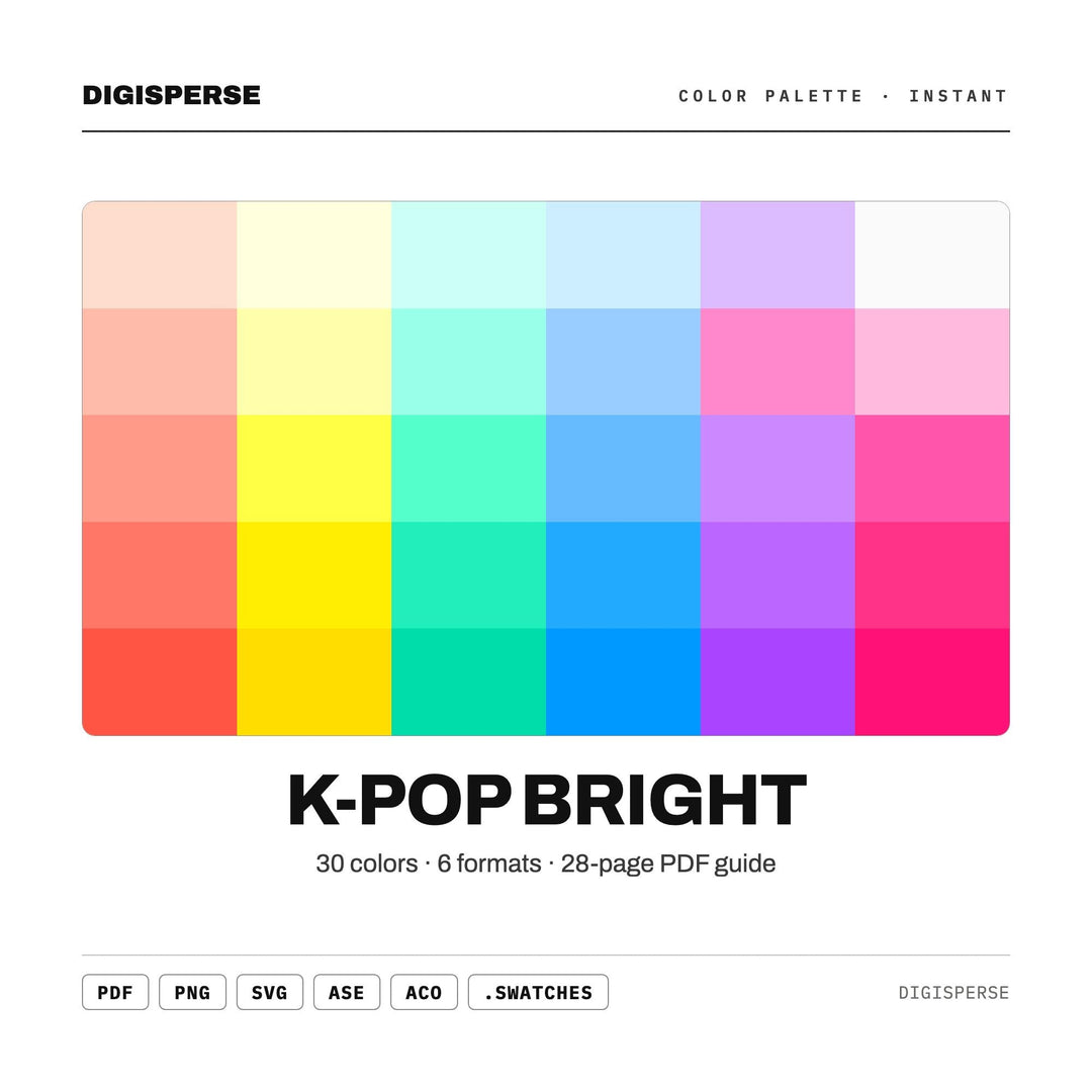 K-Pop Bright Color Palette | 30 Procreate Swatches, ASE Guide (Digital Download)