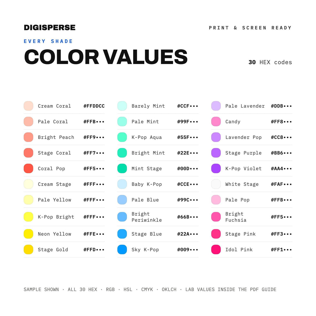 K-Pop Bright Color Palette | 30 Procreate Swatches, ASE Guide (Digital Download)