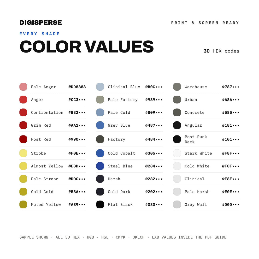Post-Punk Color Palette | 30 Hex RGB CMYK Swatches (Digital Download)