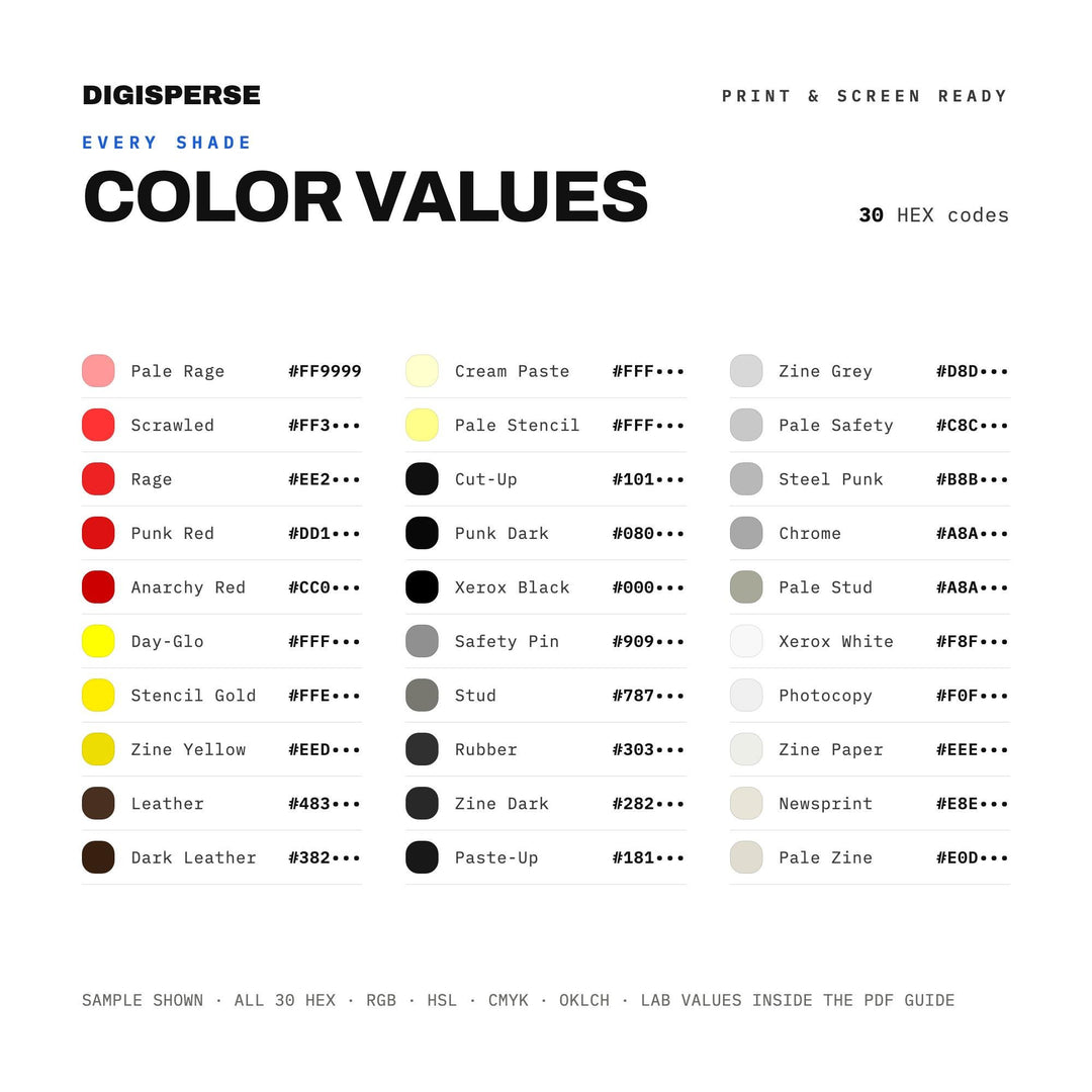 Punk Zine Color Palette | 30 DIY Colors, Procreate, ASE (Digital Download)