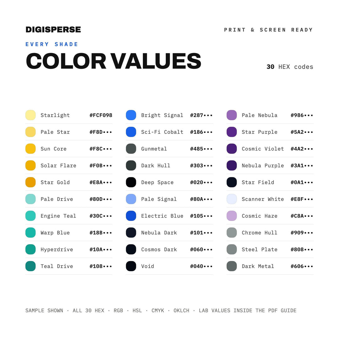 Sci-Fi Epic Color Palette | 30 Cinematic Colors, Procreate, ASE (Digital Download)
