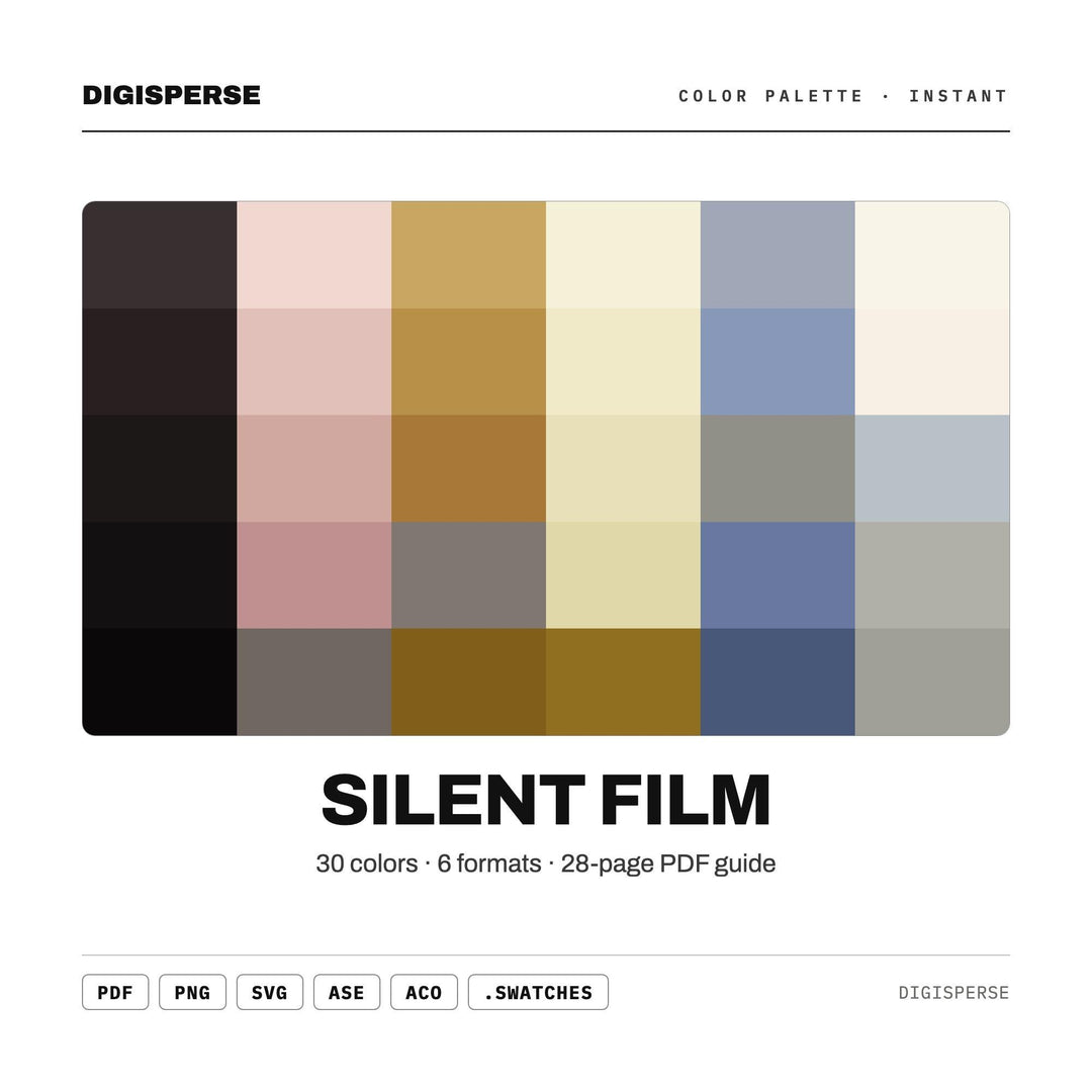 Silent Film Color Palette | 30 Colors | Hex RGB CMYK | Color Guide | Procreate Swatches + ASE | Digital Download