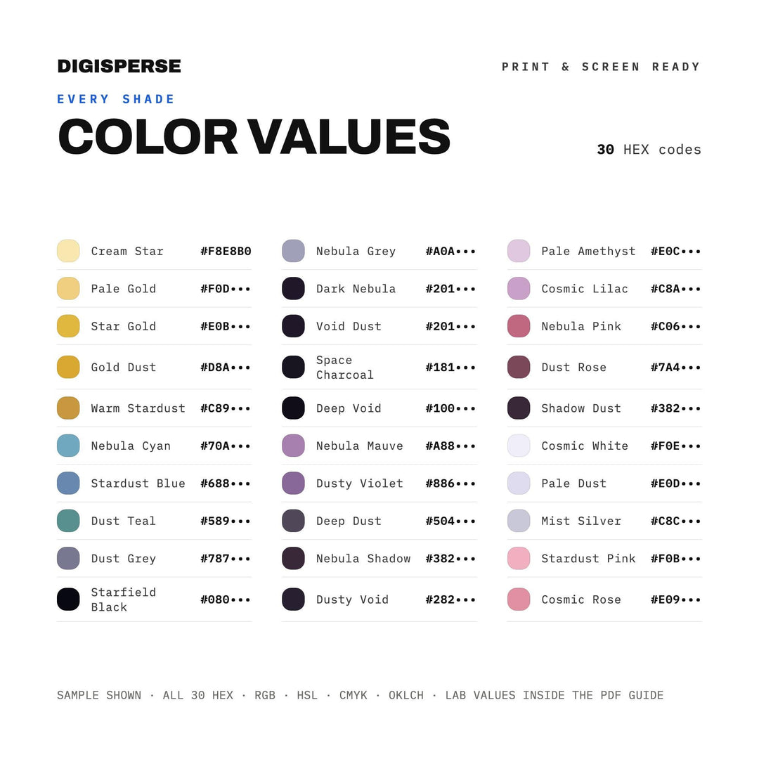 Cosmic Dust Color Palette | 30 Colors | Hex RGB CMYK | Color Guide | Procreate Swatches + ASE | Digital Download