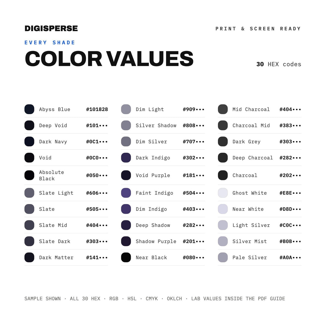 Deep Black Color Palette for Sci Fi Art and Sleek Modern Branding, 30 Dark Matter Void Hues with Hex Codes, Procreate Swatches