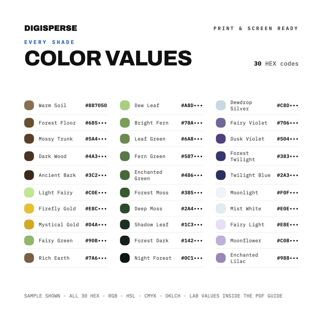 Enchanted Forest Color Palette | 30 Colors | Hex RGB CMYK | Color Guide | Procreate Swatches + ASE | Digital Download