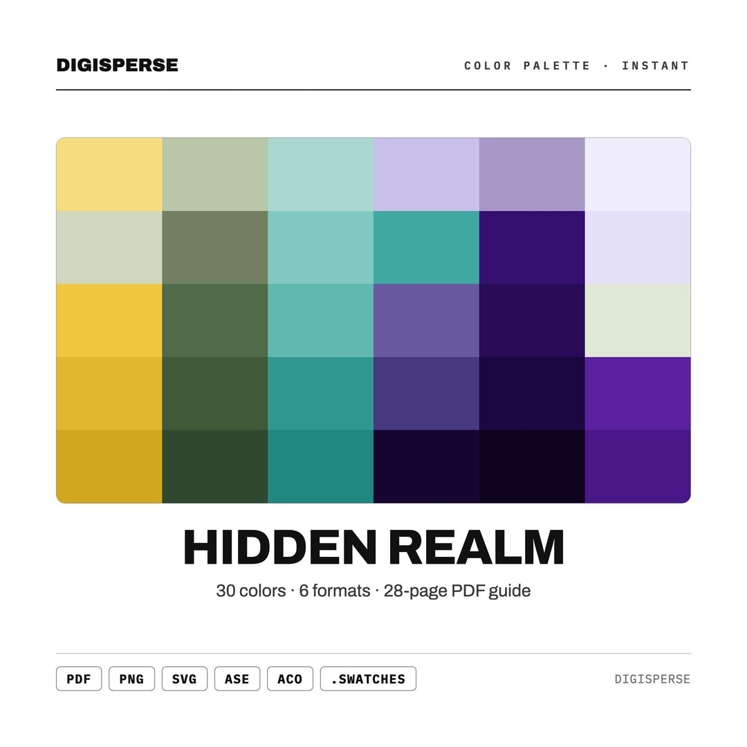 Hidden Realm Color Palette | 30 Colors | Hex RGB CMYK | Color Guide | Procreate Swatches + ASE | Digital Download
