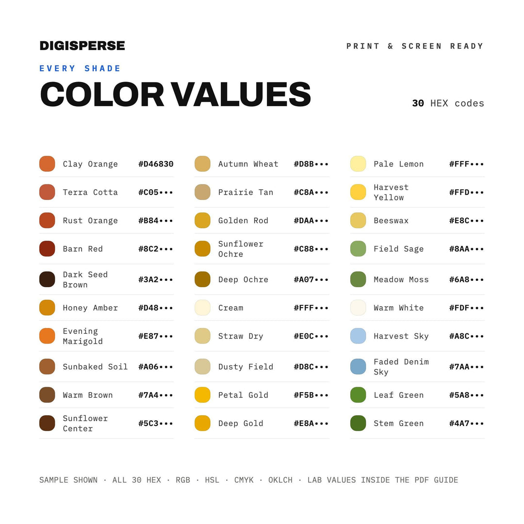 Sunflower Farm Color Palette | 30 Colors | Hex RGB CMYK | Procreate Swatches + ASE | Digital Download