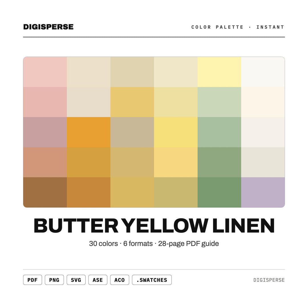 Butter Yellow Linen Color Palette | 30 Colors | Hex RGB CMYK | Procreate Swatches + ASE | Digital Download