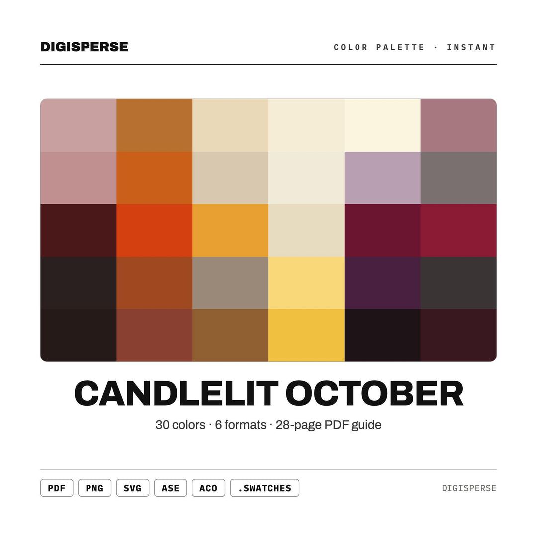Warm Moody Color Palette for Cozy Autumn Art and Halloween Ambiance Branding, 30 Candlelit Amber Hues, Procreate Swatches