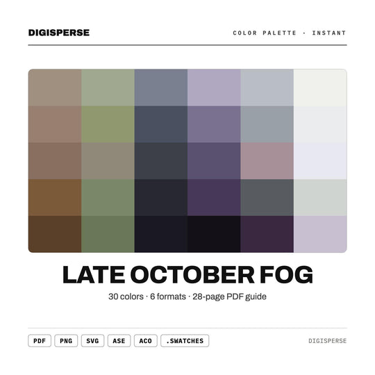 Muted Grey Color Palette for Moody Autumn Art and Eerie Halloween Branding, 30 October Fog Hues, Procreate Swatches