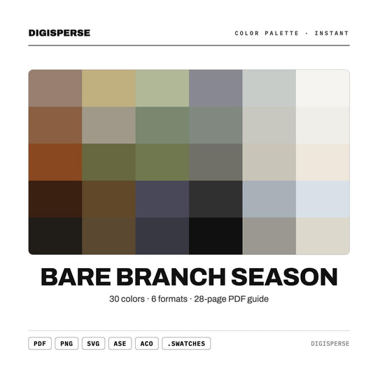 Muted Winter Color Palette for Minimalist Nature Art and Cozy Branding, 30 Bare Branch Grey Hues, Procreate Swatches