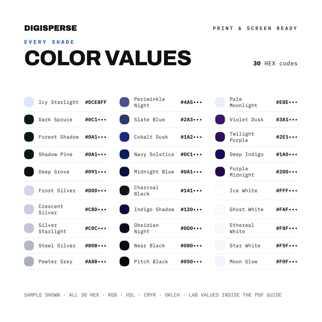 Winter Solstice Night Color Palette | 30 Colors | Hex RGB CMYK | Procreate Swatches + ASE | Digital Download