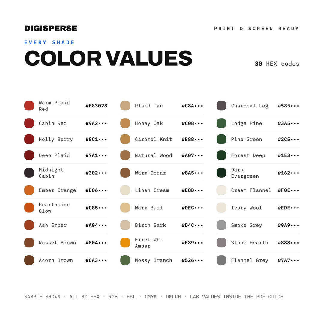Cozy Christmas Cabin Color Palette | 30 Colors | Hex RGB CMYK | Procreate Swatches + ASE | Digital Download